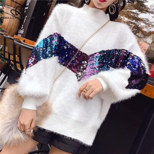 Herstory Autumn Winter Women Sequin Sweaters Mohair Knitted Ladies O-neck Casual Long Sleeved Knitwear Female Jumper