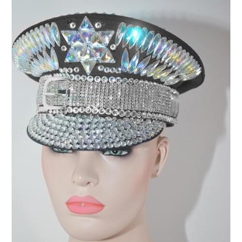 Burning Man Holographic Crystal Headdress Rave Festival Party Headpiece Captain Military Hat Sparkly EDM Stage Dj Dance Costume