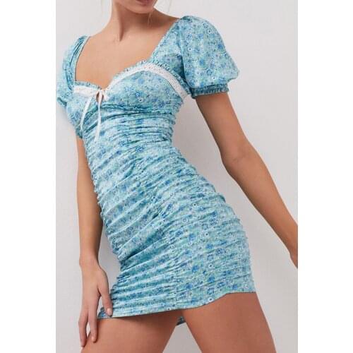 Jastie Sexy Women Mini Dress Floral Print V-Neck Bow Lace Puff Sleeve Pleated Nightdress Dress Bohemian Beach Prom Dresses 2021