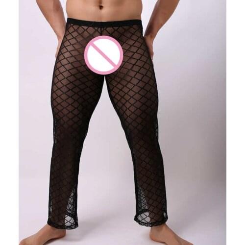 Mens Grid Fishnet Sexy Long Johns Transparent See Through Long Pants Sexy Loose Males Sheer Long Pajama Breathable Long Johns