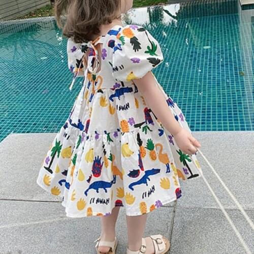 Flower Summer Cosy Ruffle Floral Dress Girls Sweet Princess Dresses Children Colorful Print Puff Sleeve Party Dress Kids Clothes