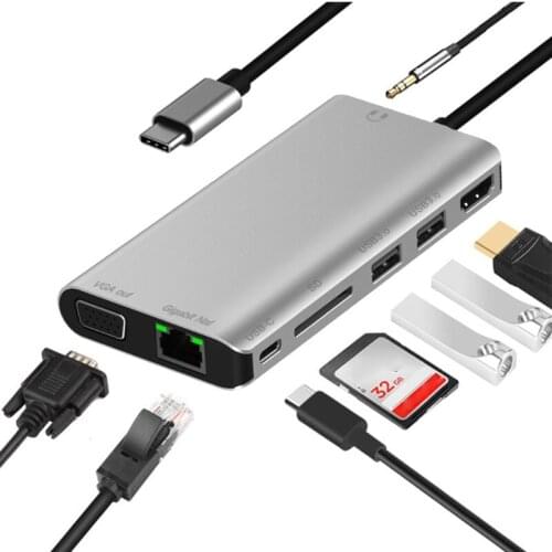 Multifunctional Dock Station 8 in 1 USB 3.0 Type C Hub to HDMI-compatible +VGA+2xUSB3.0+SD Card Reader+Gigabit Nat+PD