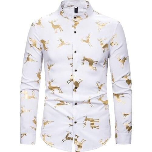Fashion Mandarin Collar Dress Shirt Men 2020 Brand Gold Bronzing Mens Dress Shirts Casual Long Sleeve Christmas Chemise Homme