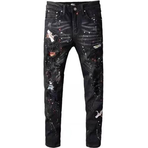 Mens black bird embroidered painted ripped jeans Streetwear holes patchwork stretch denim pants Skinny pencil trousers