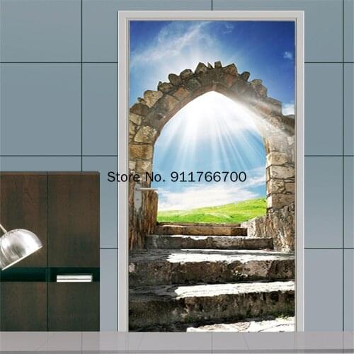 PVC Self Adhesive Waterproof Door Wallpaper 3D Stone Terrace Scenery Door Sticker For Bedroom Living Room Home Design 77*200cm