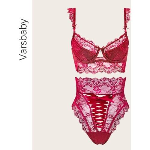 Sexy Lace Bra Set Lingerie Ladies Temptation Lace Satin High Waist Transparent Lace-up Panties Briefs