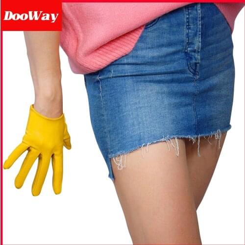 DooWay Extra Short Latex Gloves Mustard Yellow Faux Leather Sheepskin PU Stretchy 6-inch Costume Motorcyle Gloves
