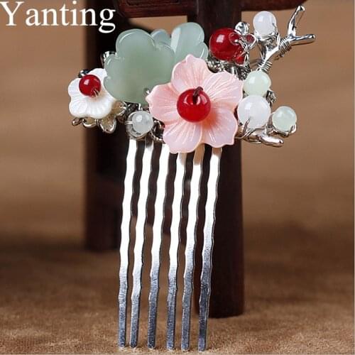 Yanting Handmade Shell Flower Hair Jewelry Hairpins Aventurine Stone Cloisonne Butterfly Headdress Comb Hair Stick Gift 094