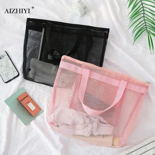 Women Mesh Transparent Bag Large Capacity Picnic Beach Bags Female Casual Solid Color Holiday Beach Park Sports Shoulder Bags B