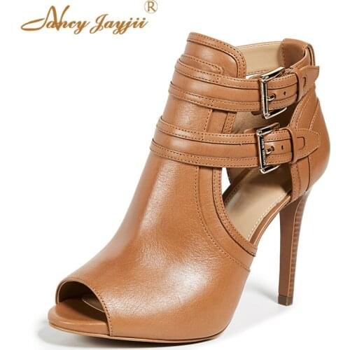 Brown Women Peep Toe Thin Heel Summer Ankle Boots Buckles Dress Bootie Shoes Autumn 2021 Female Casual Plus Size 38 39 45 Solid