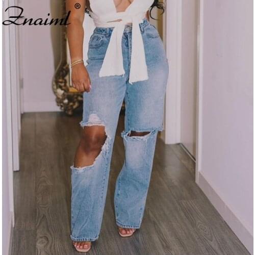 Znaiml Loose Fit Jeans Ripped Wide Leg For Women High Waist Blue Wash Casual Cotton Denim Trousers 2021Summer Baggy Jean Pants