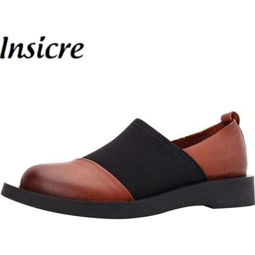 Insicre Women Pumps Patchwork Round Toe Platform Shallow Black Thick Low Heels 2021 Autumn Shoes Waxing Full Genuine Leather