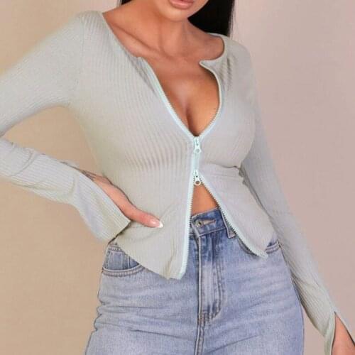 Women Front Zipper Ribbed Crop Top Spring Autumn Long Sleeve V Neck Tight Black White T Shirts 2021 Irregular Knitted Tops