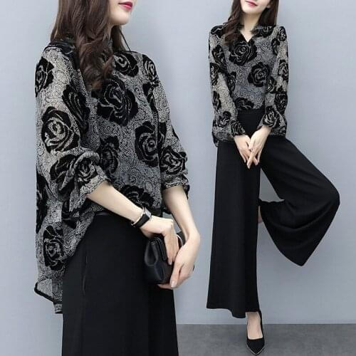 2021 Women Summer 2 Piece Sets Floral Print Flare Sleeve Long Tops + Plus Size Black Pant suit Elegant Female Vintage Clothing