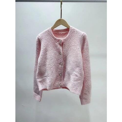 Women O-Neck Pearl Buttons Pink Knit Cardigan 2021 Early Autumn Ladies Long Sleeve Single Breasted Sweet Sweater Knitwear Tops