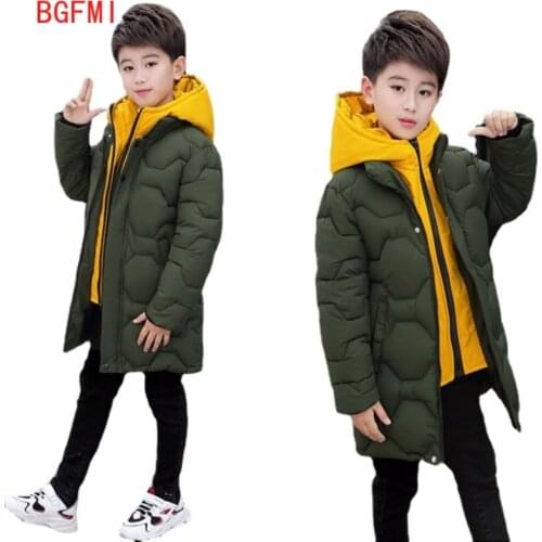 Winter Overcoat 6-14 Yrs Boys Long Patchwork Fake Two Jacket Boys Hooded Jacket Thick Outerwear Teenager Kids Double Zipper Coat