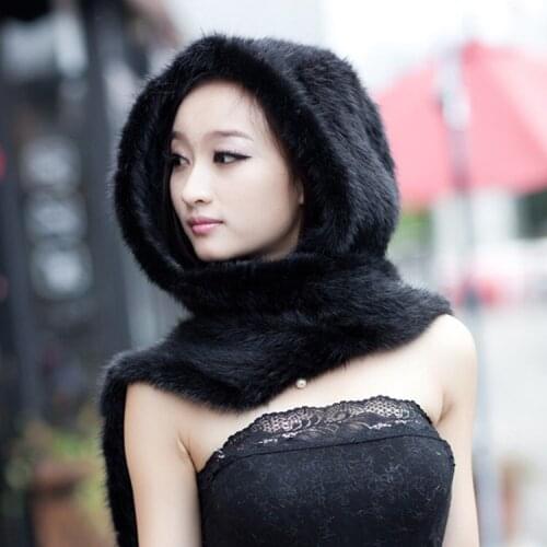 Winter mink fur hat scarf Women mink cap thermal knitted hat scarf one piece warm Muffler for women