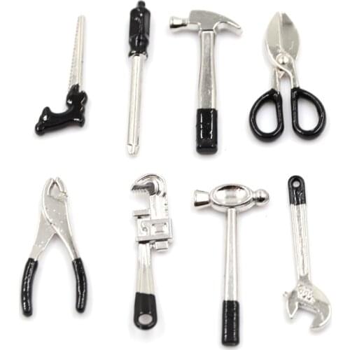 1:12 8pcs Metal Hand Tool Set Dolls House Miniature Accessory 1 Scissors/caliper/wrench/screwdriver/saw/plier, 2 Hammers