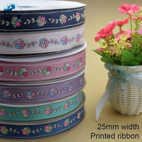 10yards,25mm flower printed ribbons Polyester Grosgrain ribbon, lace satin ribbons DIY hairbow accessories, gift package #3777