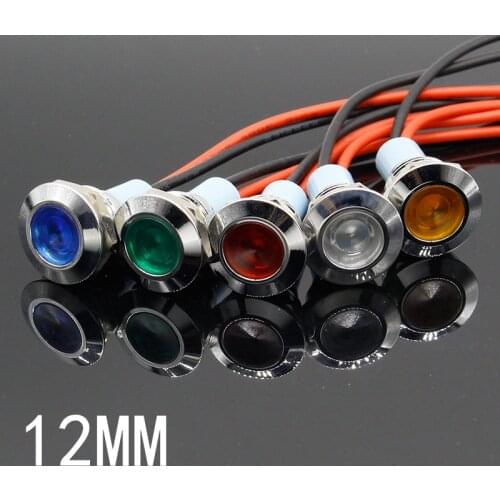 12mm Waterproof Metal Flat Round Indicat Signal lamp LIGHT 3V 6V 12V 24V 220V with wire red yellow blue green