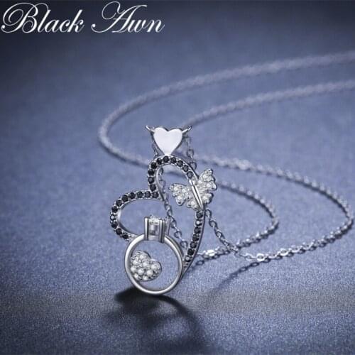 2021 New Black Awn Silver Necklace Genuine 100% 925 Sterling Silver Necklace Women Jewelry Heart Black&White Stone Pendants P107