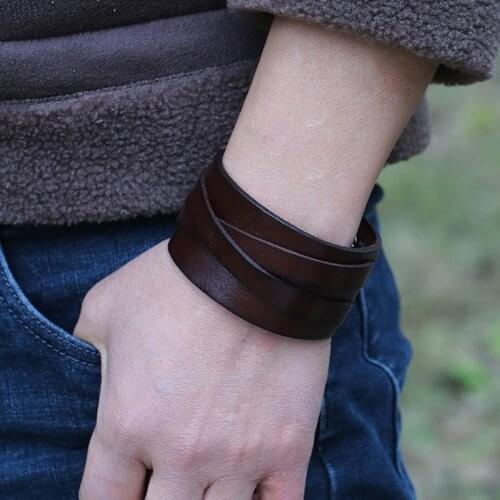 New Punk Genuine Leather Bracelet for Men Wide Vintage Wrap Bracelets Female Male Trendy Jewelry