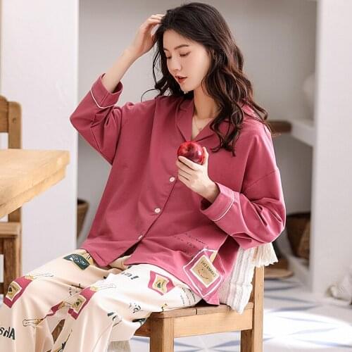 PURE Cotton Turn-down Collar Button-Down Long Sleeve Trousers Pajama Jammies Girl Lady Womens Sleepwear Nightwear Pyjamas NLZM
