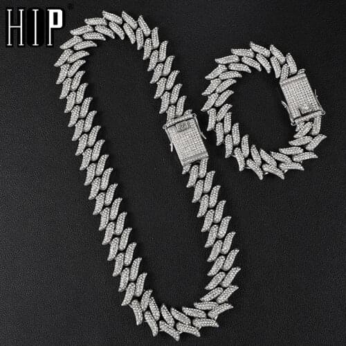 Hip Hop 19MM Bling AAA+ Iced Out Alloy Rhinestones Thorns Cuban Link Chain Bracelet Necklace For Men Jewelry
