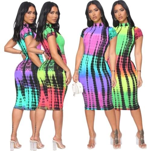 Elegant Mid High Neck Dress for Women Fashionable Tie Dyed Print Mid-Calf Dress Skinny Short Sleeve Bodycon Sexy A-Line Dress