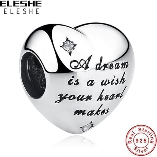 ELESHE Wholesale 925 Sterling Silver with Tiny CZ Words Heart Bead Fit Original Charm Bracelets &Bangles for Women Jewelry