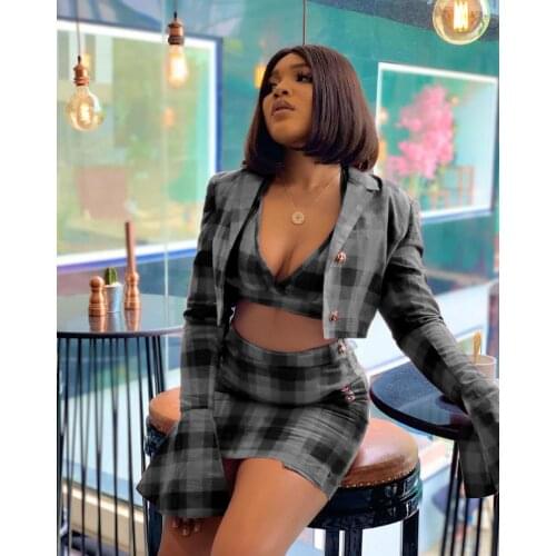 Felyn 2020 Elegant Fashion New Design 3 pcs Women Set Plaid Blazer and Short Tops Mini Dress Office Lady Outfits