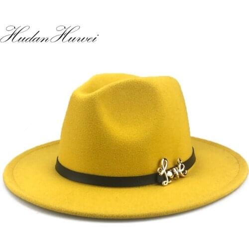 Autumn Winter Unisex Flat Brim Wool Felt Cowboy Fedora Hats with Letter LOVE Leather Band Trilby White Women Jazz British Hat