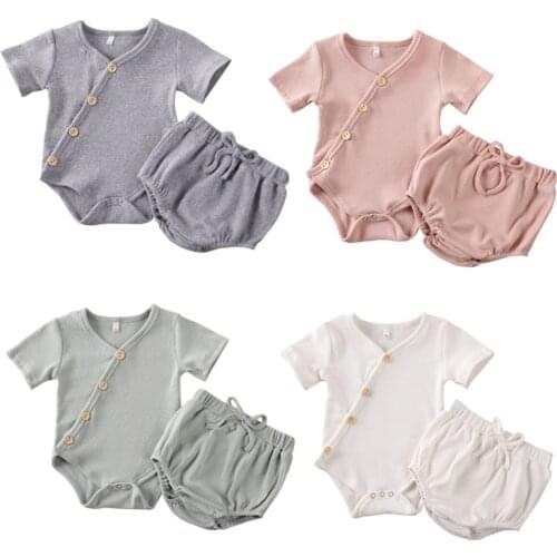 Focusnorm 0-18M 2PCS Newborn Baby Girl Boy Clothing Set Short Sleeve Striped Romper Tops Shorts Pants Outfits Clothes