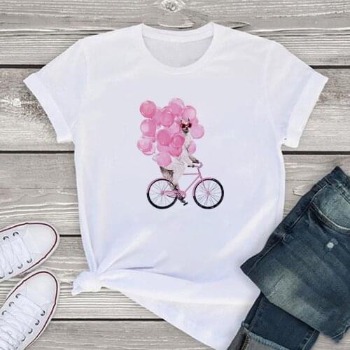 T shirt Women Bear riding a balloon bike printed white Summer tshirt Fashion Hipster Harajuku cute T-shirt female Tops clothing