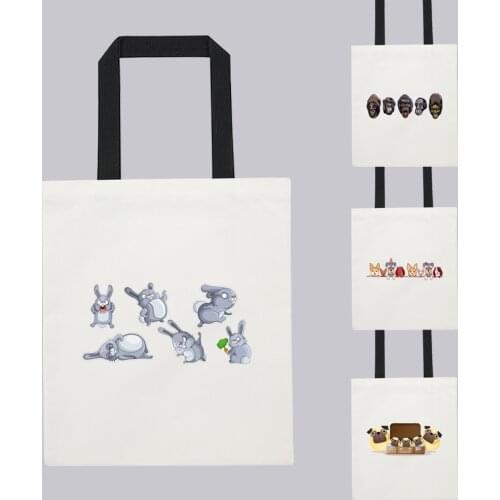 Canvas Handbag Shopper White Tote Bag Cute Cartoon Animal Pattern Print Series Shoulder Bag Female Bolsa Fabric Shopping Bags