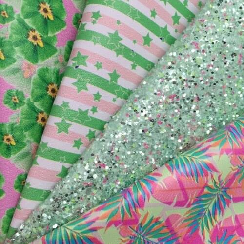 Leo Leather Mint Chunky Glitter Leather Fabric Flowers Stars Summer Leaves Printed Synthetic Leather BOWS DIY 21X29CM G377