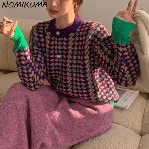 Nomikuma Cardigan Sweater Korean Causal Hit Color Women Coat 2021 Autumn Winter New Long Sleeve O-neck Knitwear Tops 6K836