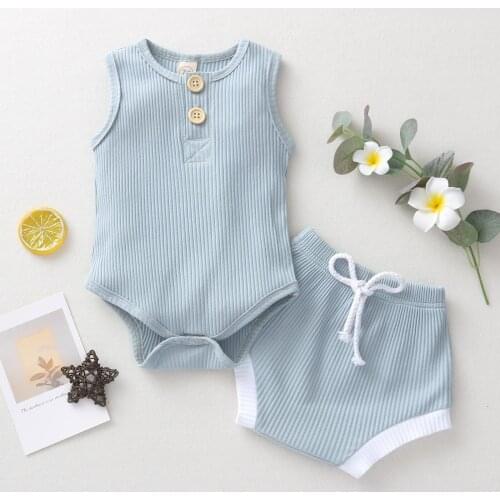 New Solid Color Babys Clothes Ribbed Romper Suit Sleeveless Buttoned Round Neck Romper Elastic Head Shorts Set