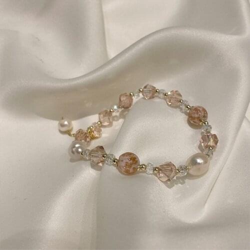 Korea Pearl String Bracelet Female Trick Peach Blossom Ins Niche Design Pink Crystal Transfer Lucky Amethyst Beads Bracelet