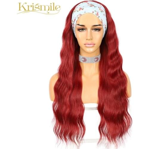 Krismile Red Deep Wave Headband Wig Long Daily Party Travel Holidays No Gel Glueless Wig for Women Make Up with 2 Free Bands