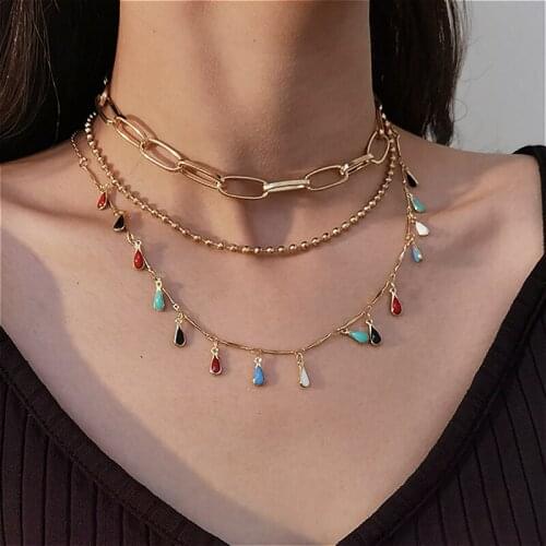 Trendy Multilayer Chain Necklace For Women Colorful Water Drop Crystal Dangle Choker Necklaces Jewelry Accessories