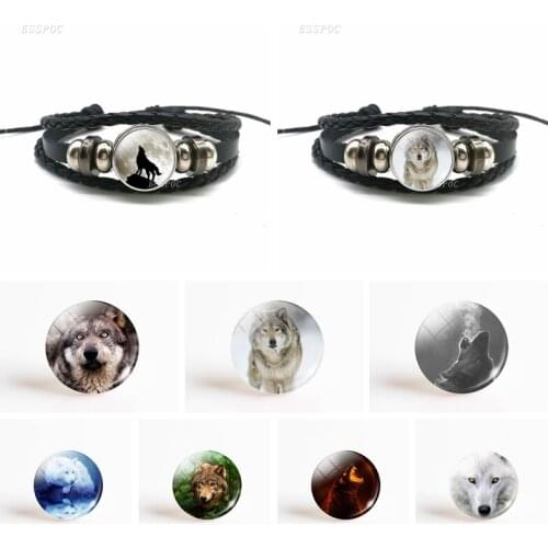 Moon White Wolf Jewelry Black Hand-woven Multilayer Button Leather Bracelet Glass Dome Fashion Animal Accessories Men Gift