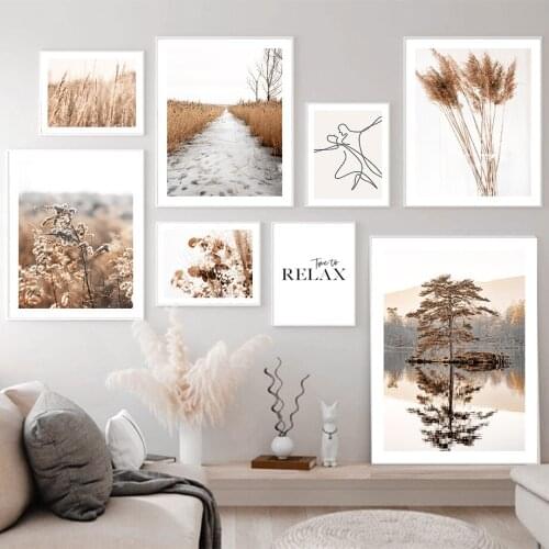 Beige Reed Flower Forest Mountain Lake Wall Art Canvas Painting Nordic Posters And Prints Wall Pictures For Living Room Decor