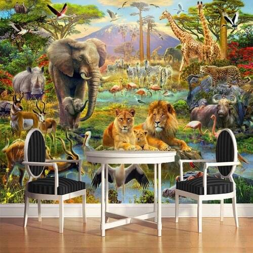 Custom Mural Wallpaper Waterproof Forest Elephant Lion Animal Background Decor Living Room Children Room Bedroom Photo Wallpaper