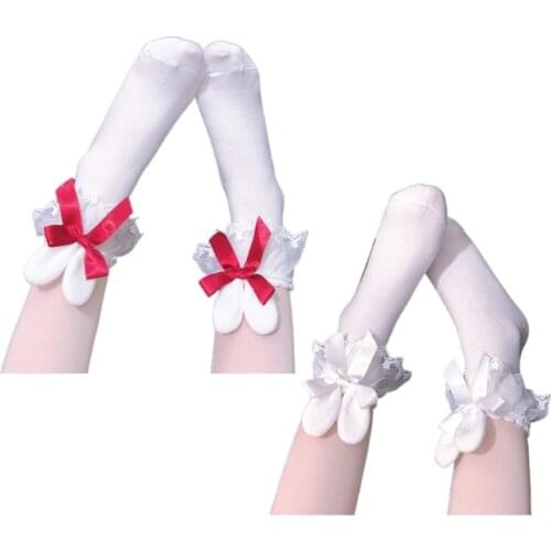 Japanese Sweet Lolita Kawaii Crew Socks Plush Rabbit Ears Lace Bowknot Hosiery X7YA