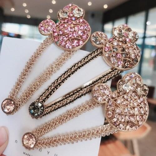 Disneys new full diamond Mickey hair clip Korean retro style hair rope girl ins elegant bangs side clip BB clip
