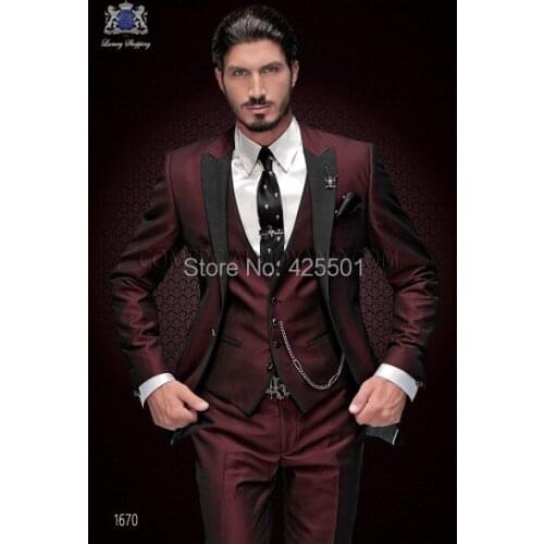 2020 New Arrive Fashion Shiny Burgundy Tuxedo Men Suit 3 Pieces Peaked Lapel Slim Fit Formal Party Suit For Wedding Groom