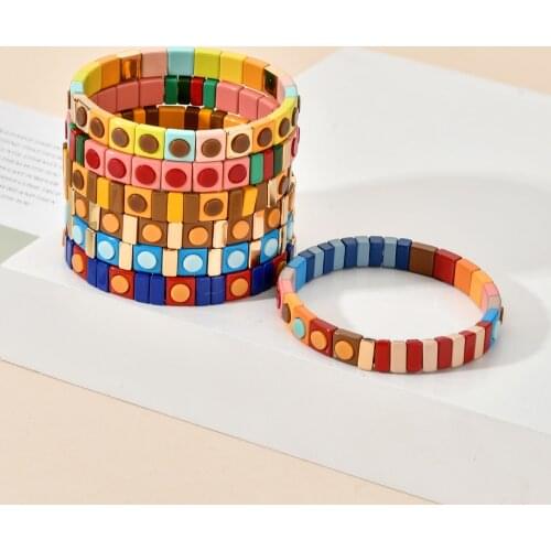 New Boho Tile Stretch Cuff Bracelets for women Rainbow Jewelry Bangles Dark Color System Designer Bangle Enamel Bracelet Gift