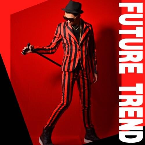 S~5XL New mens Nightclub male singer DSDJ stage song with red and black striped suit bar Costumes plus size singer costumes