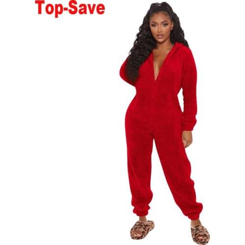 2020 Autumn Body Winter Ladies Rompers Solid Plush Hooded Long Sleeve Womens Jumpsuit Bodysuit Warm Home Wear Overalls Clothing